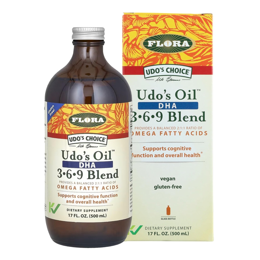 Flora - Udo's Oil DHA 3-6-9 Blend - Vegetarian Eye & Brain Health Supplement - Omega-3 & Omega-6 - Bevat Zonnebloemzaadolie - Kosher & Organic - Keep Killed - 17 fl. oz.