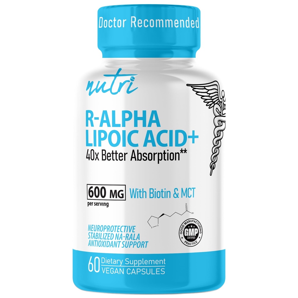 Nutri R Alpha Lipoïnezuur 600 mg Capsules - R Lipoïnezuur gestabiliseerd met Biotine - Actieve vorm van R-ALA - 600 mg Klinische dosering - Krachtige Cellular Energy Support - 60 Vegan Capsules - RALA