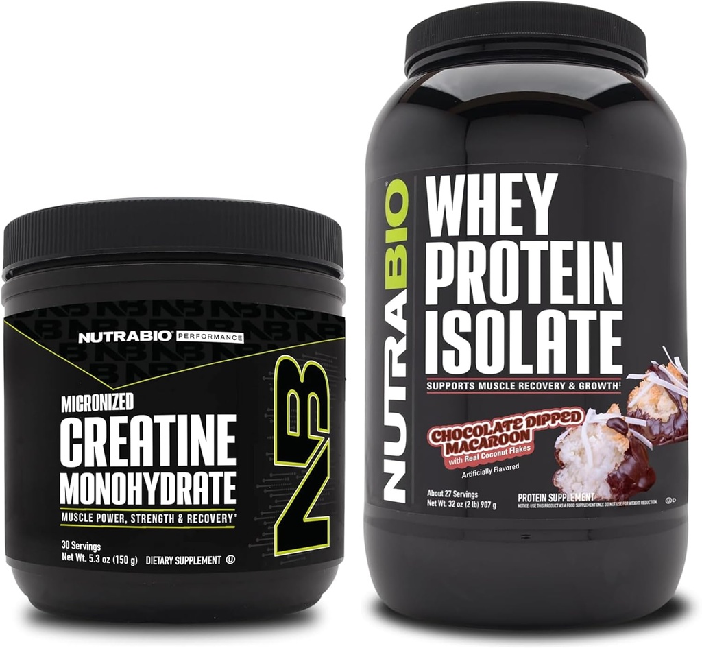 NutraBio Creatine Monohydraat, Unflavored, 150g en Wei Proteïne Isolaat, Chocolade Dipped Macaroon, Supplement Bundle - Spierenergie, Lean Spiergroei, Herstel, en sterkte