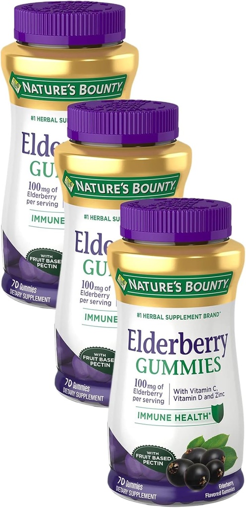 Nature's Bounty Vlierbessen Gummies, Dieetsupplement, Ondersteunt Immune Health, Bevat vitamine A, C, D, E en Zink, 100 mg, 70 Gummies (pakket van 3)
