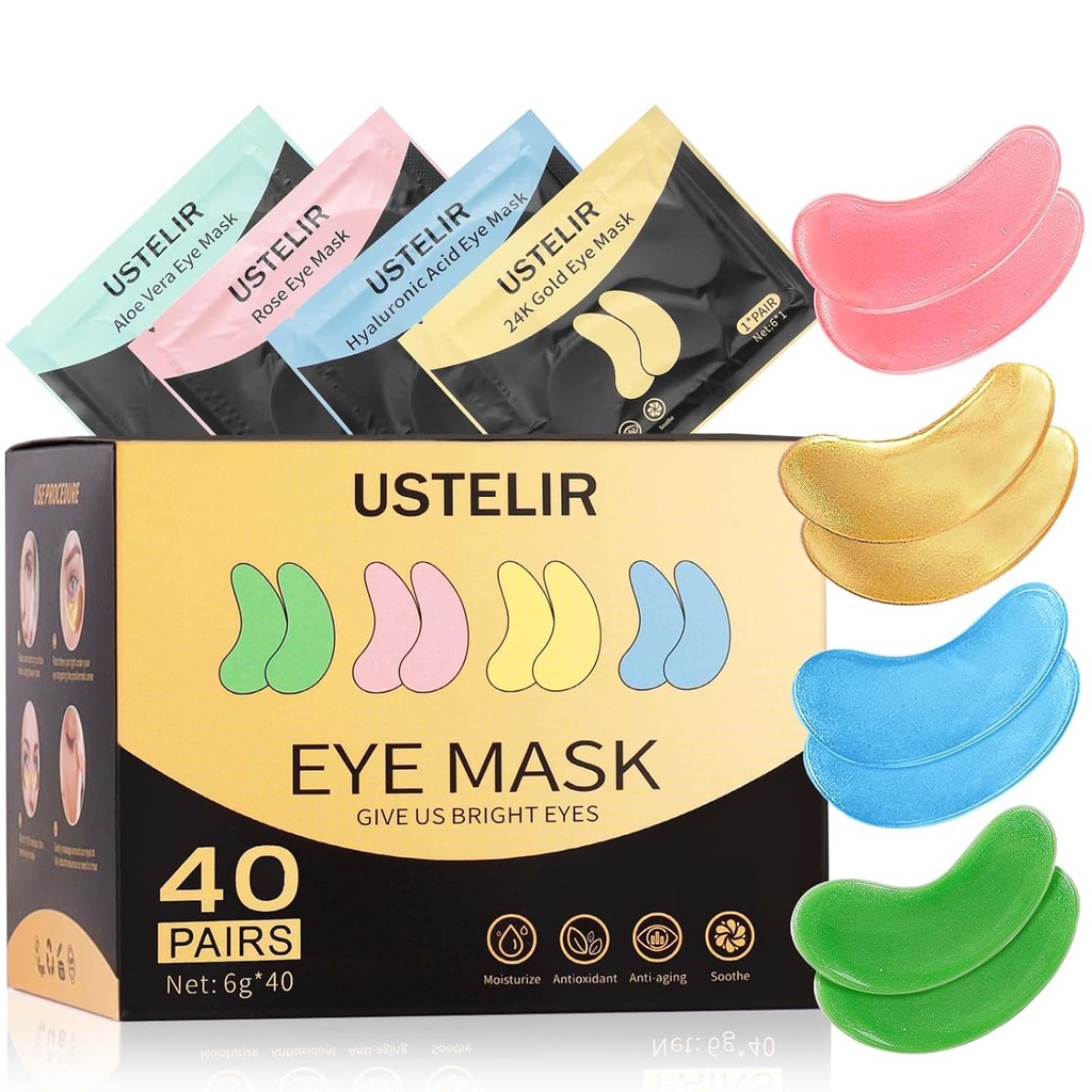 Under Eye Patches, 40 Pairs Eye Mask for Dark Circles, Puffy Eyes, Undereye Bags, Rimpels, Eye Mask Patches met 24K Gold, Hyaluronic Acid, Rose & Aloë Vera, Eye Treatment Skin Care for Men & Women Gift