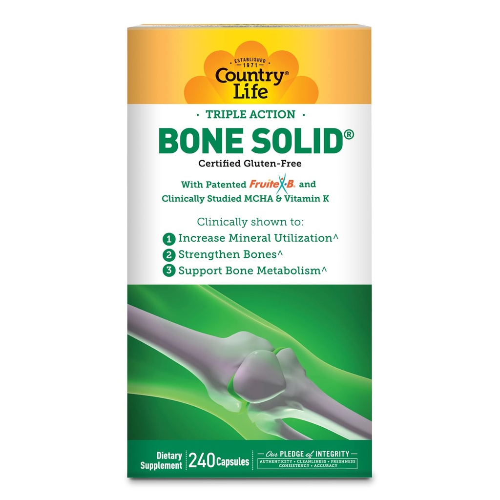 Country Life Bone Solid - Bone Health Supplement with Microkristallijne Hydroxyapatite (MCHA), Calcium, Magnesium, Zink, Vitaminen K2 & D3 for Enhanced Bone Strength & Metabolisme - 240 capsules