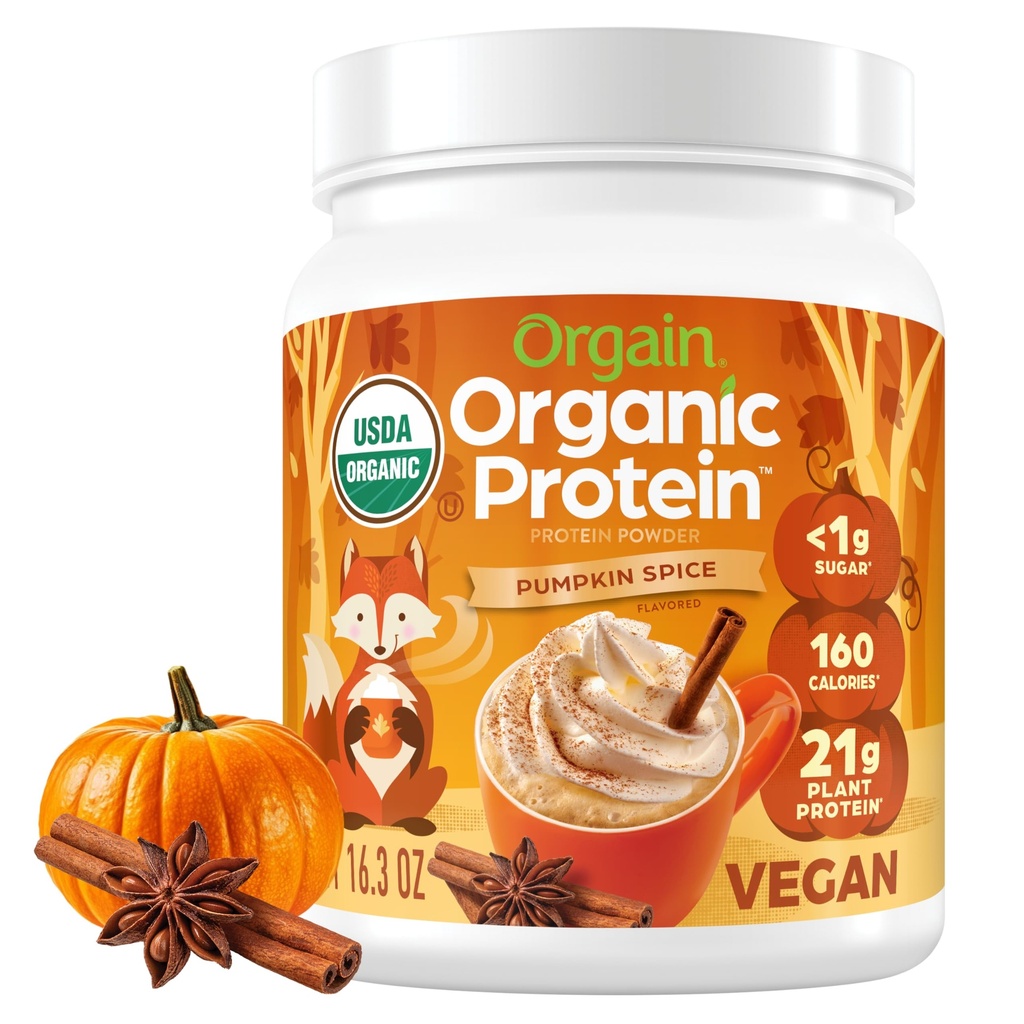 Orgain Organic Vegan Protein Powder, Pumpkin Spice Seasonal Flavor - 21g Plant Protein, 5g Prebiotic Fiber, No Lactose Ingredients, No Added Sugar, Non-GMO, For Shakes & Smoothies, 1.02 lb