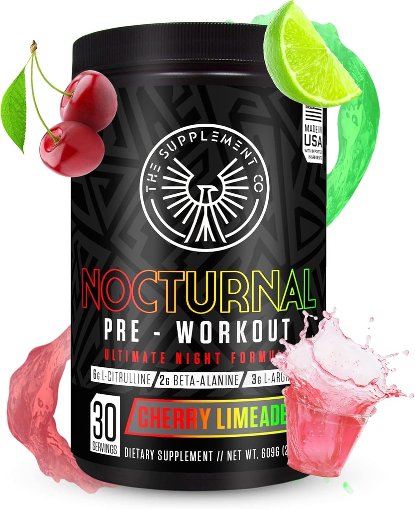 Nocturnal Pre workout - Geen Cafeïne Night Time Preworkout voor mannen & vrouwen voor hoge energie en massale pompen - Cherry Limeade, 30 porties