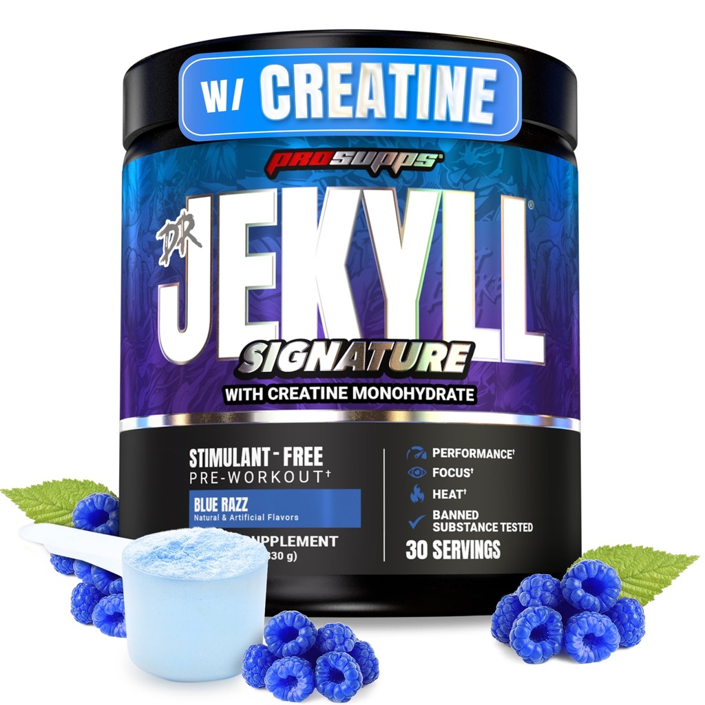 PROSUPPS Dr. Jekyll Signature Pre Workout Powder with Creatine - Stim-Free Preworkout Supports Focus & Endurance - Cafeine-Free Gym & Fitness Supplements (Blueberry Lemonade, 30 Servings)