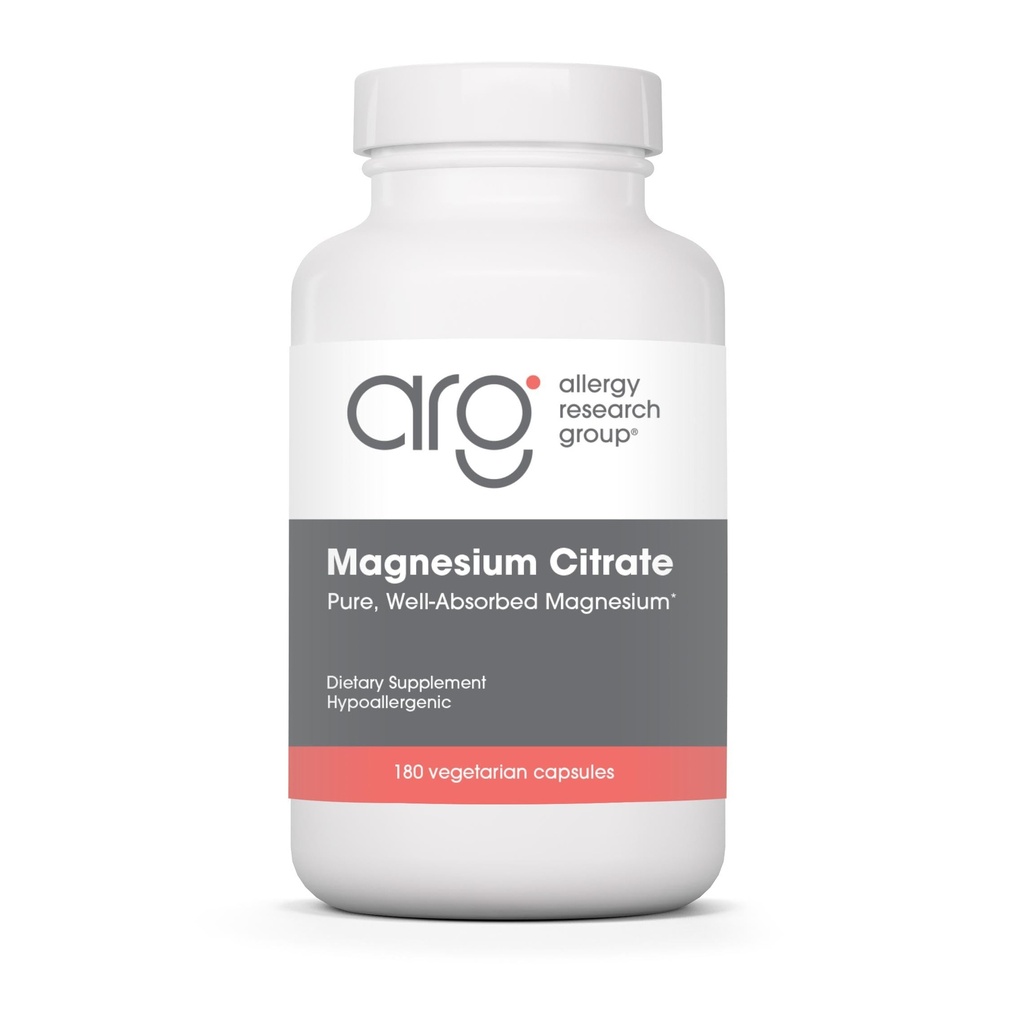 Allergy Research Group Magnesium Citrate - Supports Energy Levels, Bone Health & Stress Response - Delivers 170 mg Magnesium Citrate - Bioavailable - 180 Servings - 180 Capsules