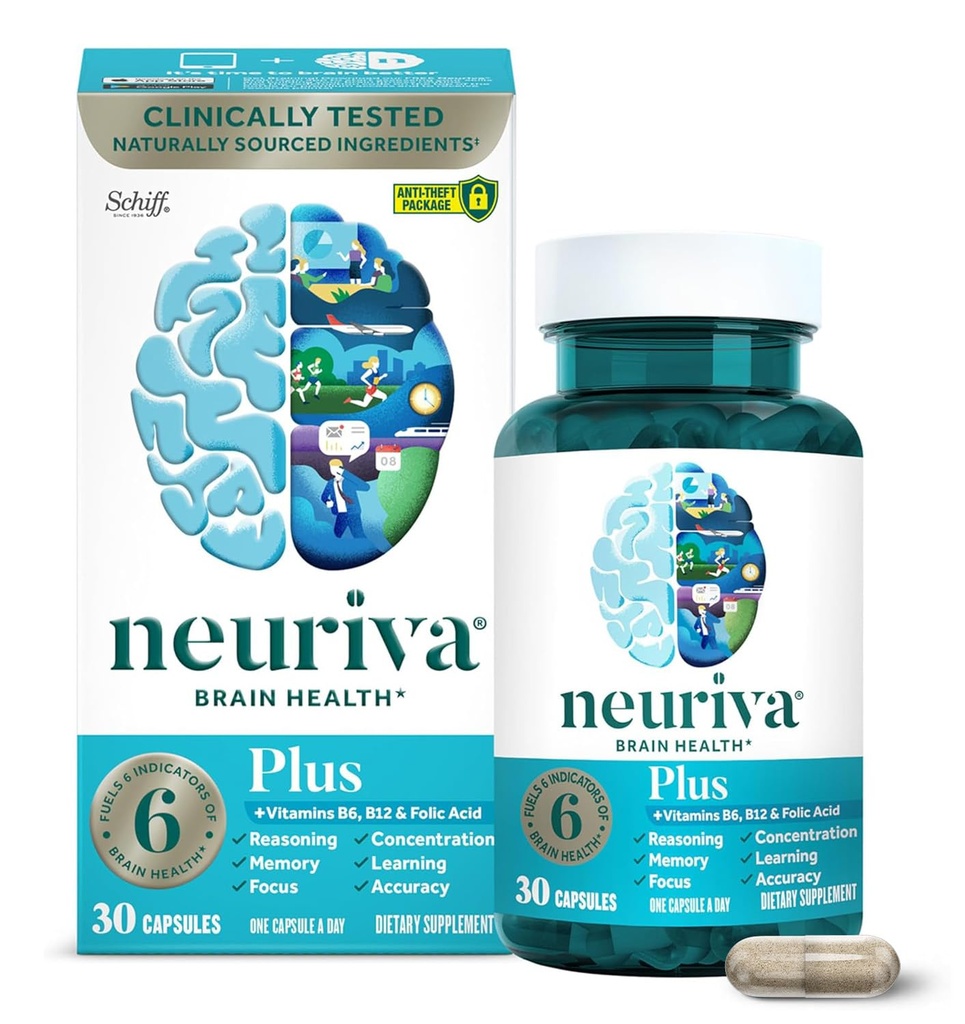 NEURIVA Plus Hersensupplement voor Geheugen, Focus & Concentratie + Cognitieve functie met klinisch geteste Nootropen Fosfatidylserine en Neurofactor, Vitaminen B6 & B12, 30 Telcapsules