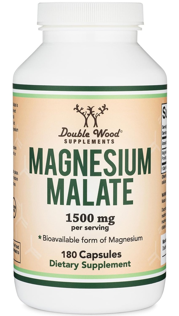Magnesium Malate Capsules (180 Count) - 1,500mg Per Serving (Magnesium Bonded to Malic Acid), Third Party Tested, Vegan Friendly, Gluten Free by Double Wood Supplements