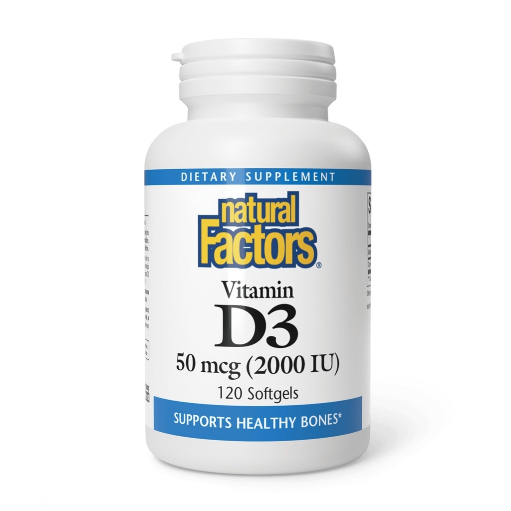 Natuurlijke factoren, vitamine D3 2000 IE (50 mcg), ondersteunt sterke botten, spieren en immuunfunctie, 120 Softgels