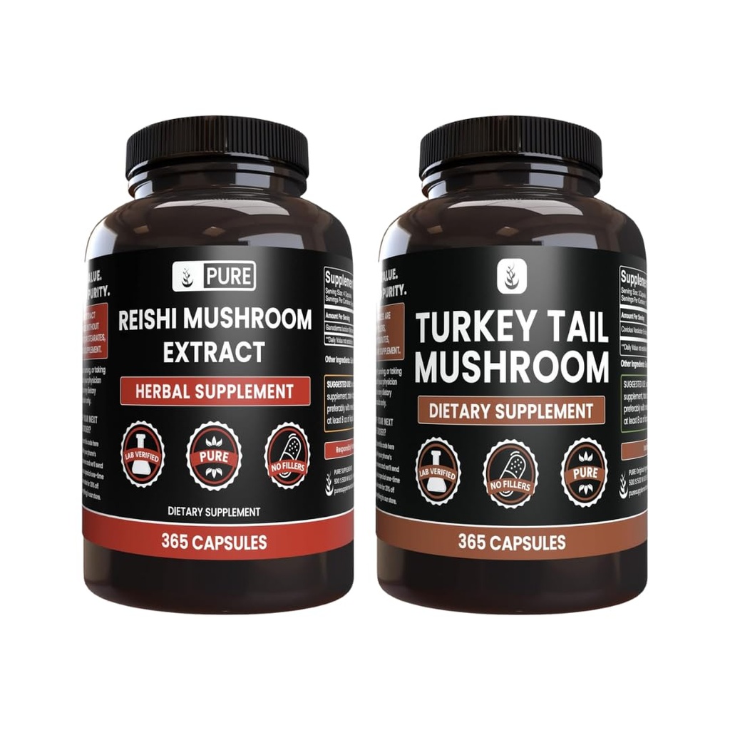 PURE ORIGINEEL INGREDIËNTEN Reishi Mushroom & Turkey Tail Mushroom Capsule Bundle (365 Capsules), altijd puur, Geen additieven of fillers