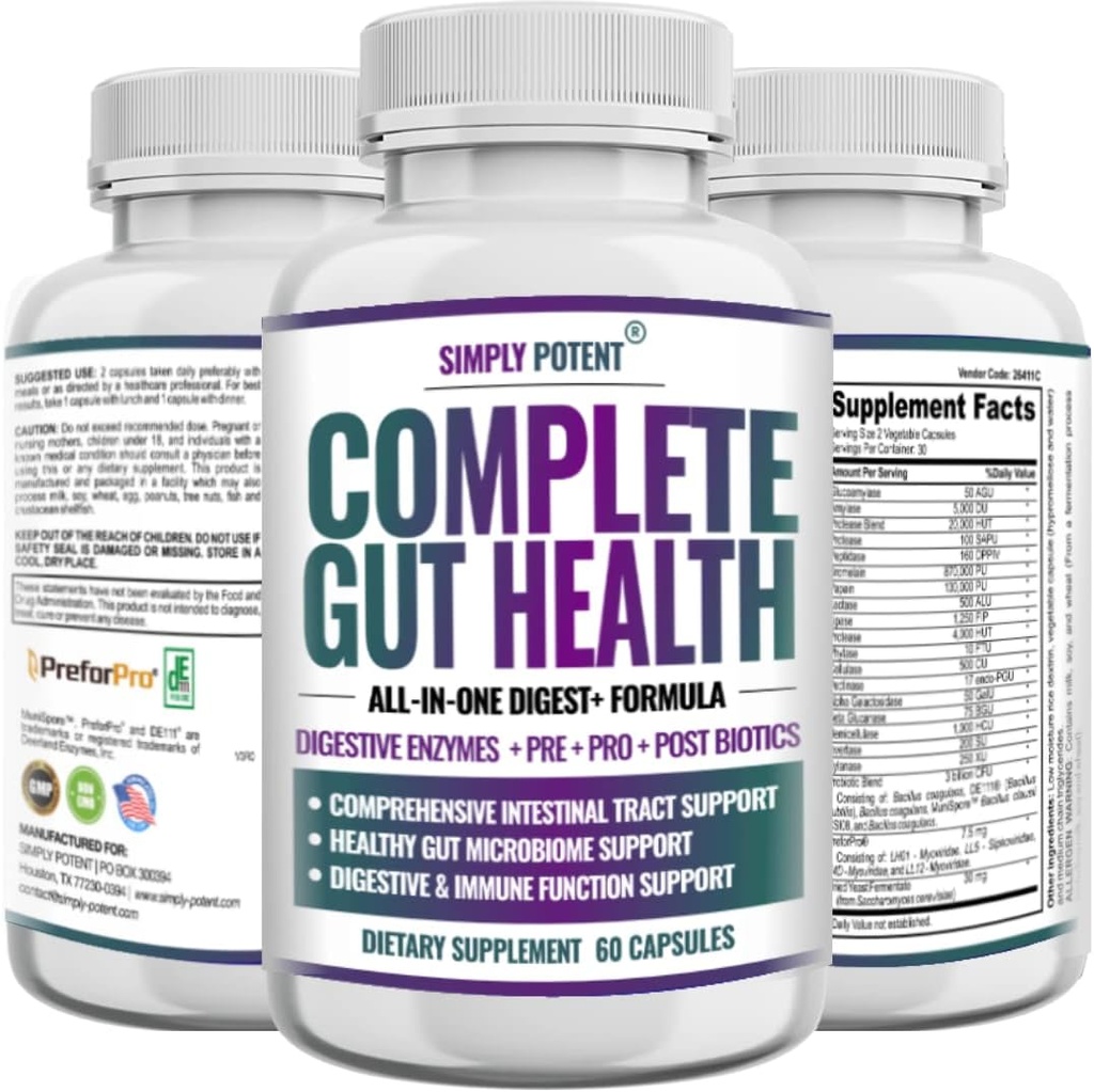 Complete Gut Health, Digestieve Enzymen Plus Prebiotische, Probiotische en Post Biotische Gastro-intestinale Ondersteuning, Ondersteunt Gut Health & Immune Functie, 60 Capsules