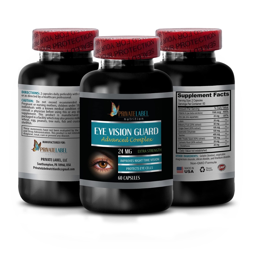Vision Vitaminen met luteïne - Eye Vision Guard 24 MG - Advanced Complex, Eye Vision Support, Lutein Supplementen, Vitamine A Supplement, Kurkuma Extract, Blauwe bosbessen Extract, Taurine, 1 Bot 60 Capsules