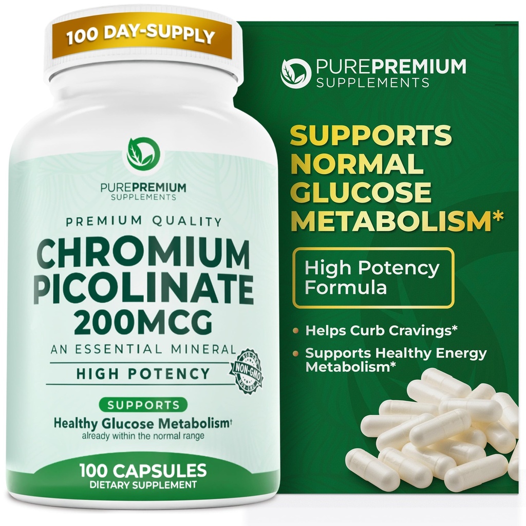PurePremium Chromium Picolinaat 200mcg - High Potency Chromium Supplementen - Essential Mineral Health Support for Men/Women - Glutenvrije - 3 maanden levering - 100 capsules