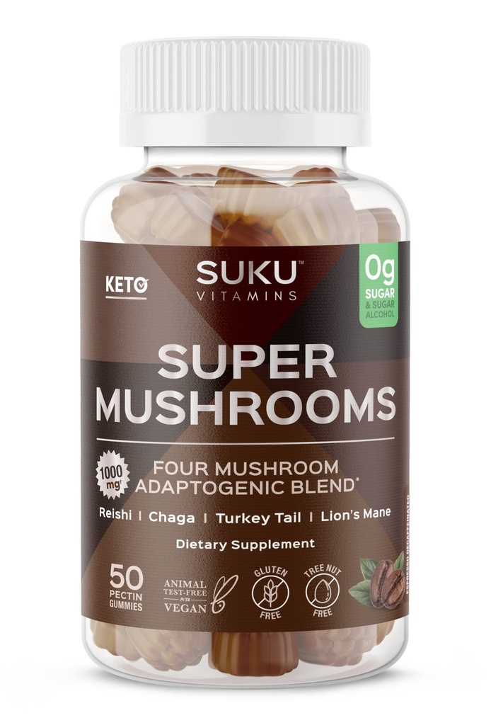 SUKU Vitamins - Super Mushroom -Reishi Chaga, Turkey Tail & Lions Mane Blend Gummies for Immunity - Easy to Chew - Non GMO, Gluten Sugar Free - Espresso Decaffeinated Flavored Gummy Vitamins, 50 Count