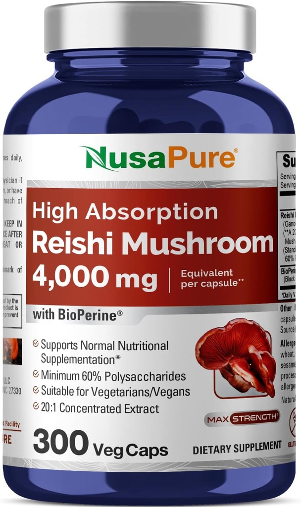 NusaPure Reishi Mushroom Extract 20:1 Extract, 200 mg Equivalent aan 4000mg per capsule 300 Veggie Caps Vegan, Non-GMO, Vegan