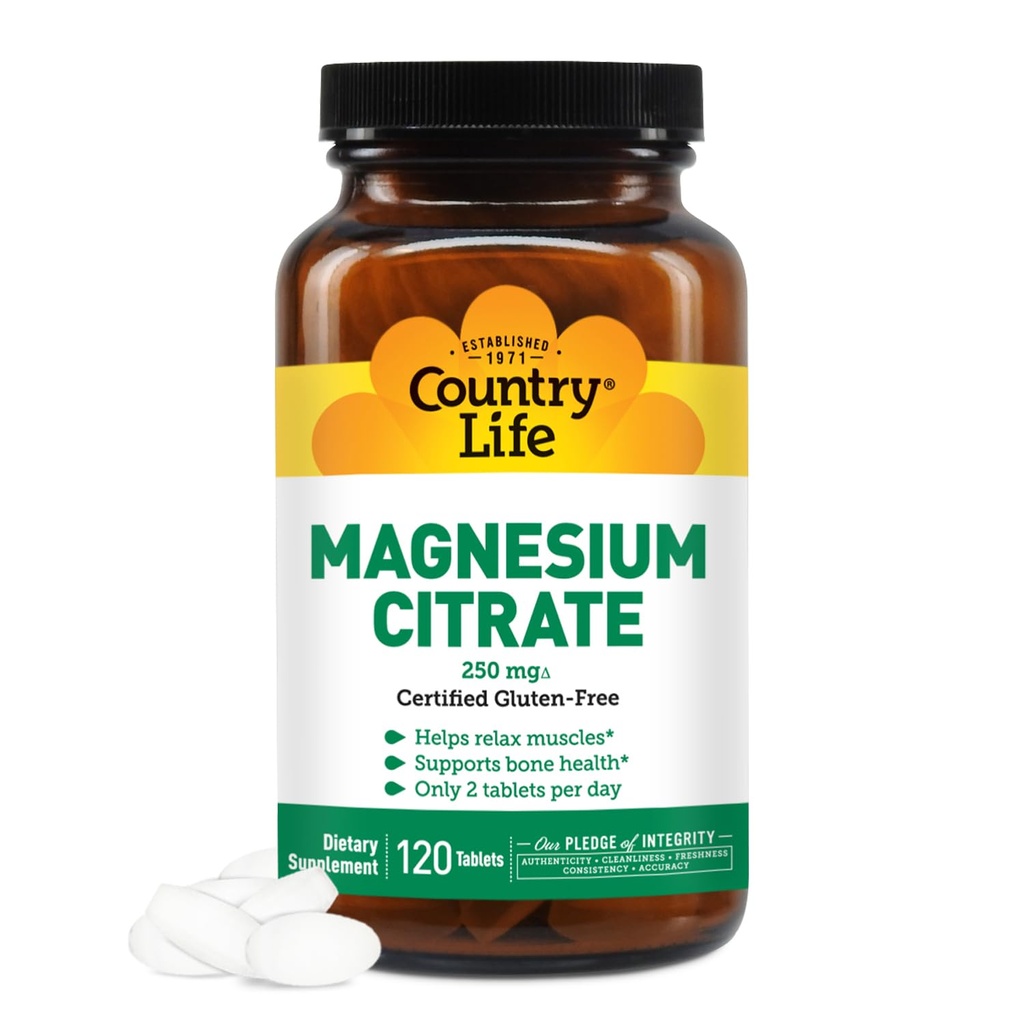 Country Life Magnesium Citrate 250mg - 120 tabletten - Ondersteunt spier- & zenuwfunctie, hartritme, gezond immuunsysteem, energieproductie - Magnesium Complex Supplement