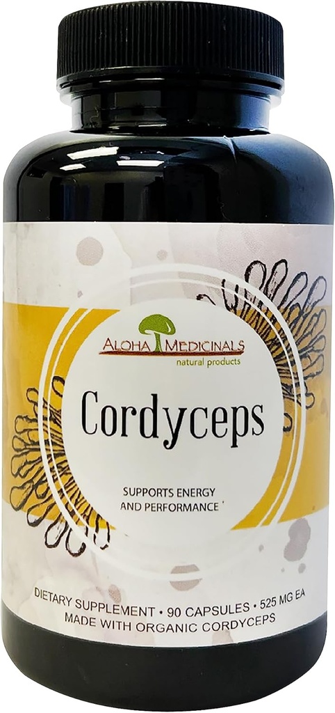 Aloha Medicinals Pure Cordyceps, Certified Organic Mushroom Supplement, Ondersteunt Immuniteit en Energie, Verpakking van 1, 90 Capsules
