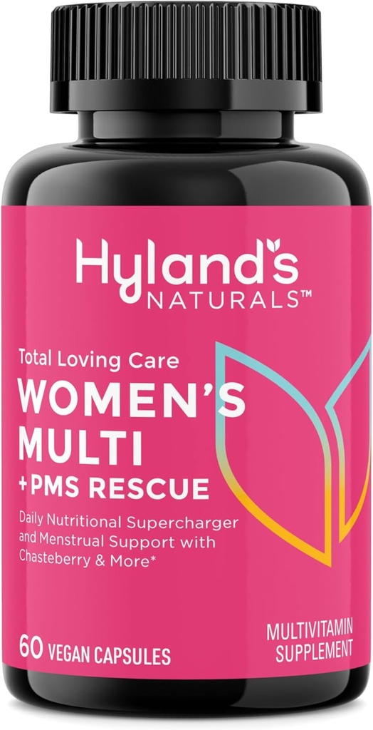 Hyland's Total Loving Care Multivitamine voor vrouwen en PMS Rescue, 60 Vegan Capsules met L-Theanine voor Focus en Stress Relief Ondersteuning met Chasteberry en Dong Quai voor Menstruele Ondersteuning