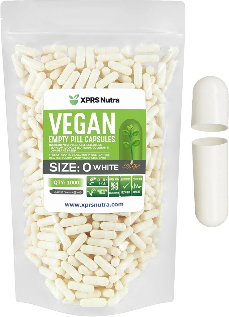 XPRS Nutra Maat 0 Lege capsules - 1000 Graaf Lege Vegan Capsules - Vegetarische pillen - DIY plantaardige Capsule vullen - Veggie pilscaps voor Do-It-Yourself Supplements (White)