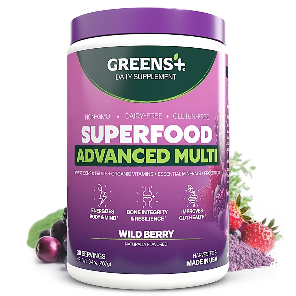 Groenen+ Advanced Multi Wild Berry Superfood Powder, Organic Blend, Vegan, Non-GMO, Soy-Free, Dairy-Free, Gluten-Free, Dieetsupplement met Vitaminen & Mineralen, 9.4 oz