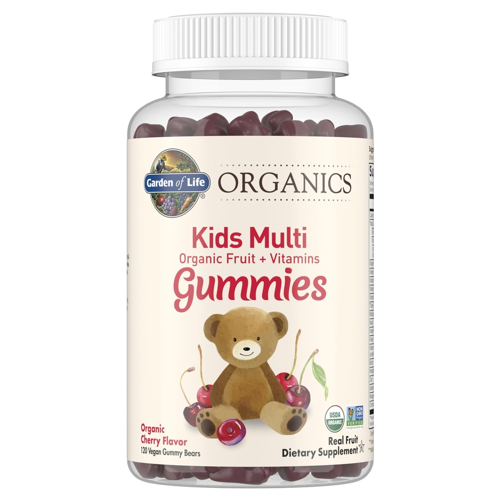 Garden of Life Organics Kids Gummy Vitamins, Certified Organic, Non-GMO & Vegan Complete Children's - B12, C & D3 Gluten, Soy & Dairy Free Real Fruit Kauw Gummies, Multi, Cherry, 120 Tellen