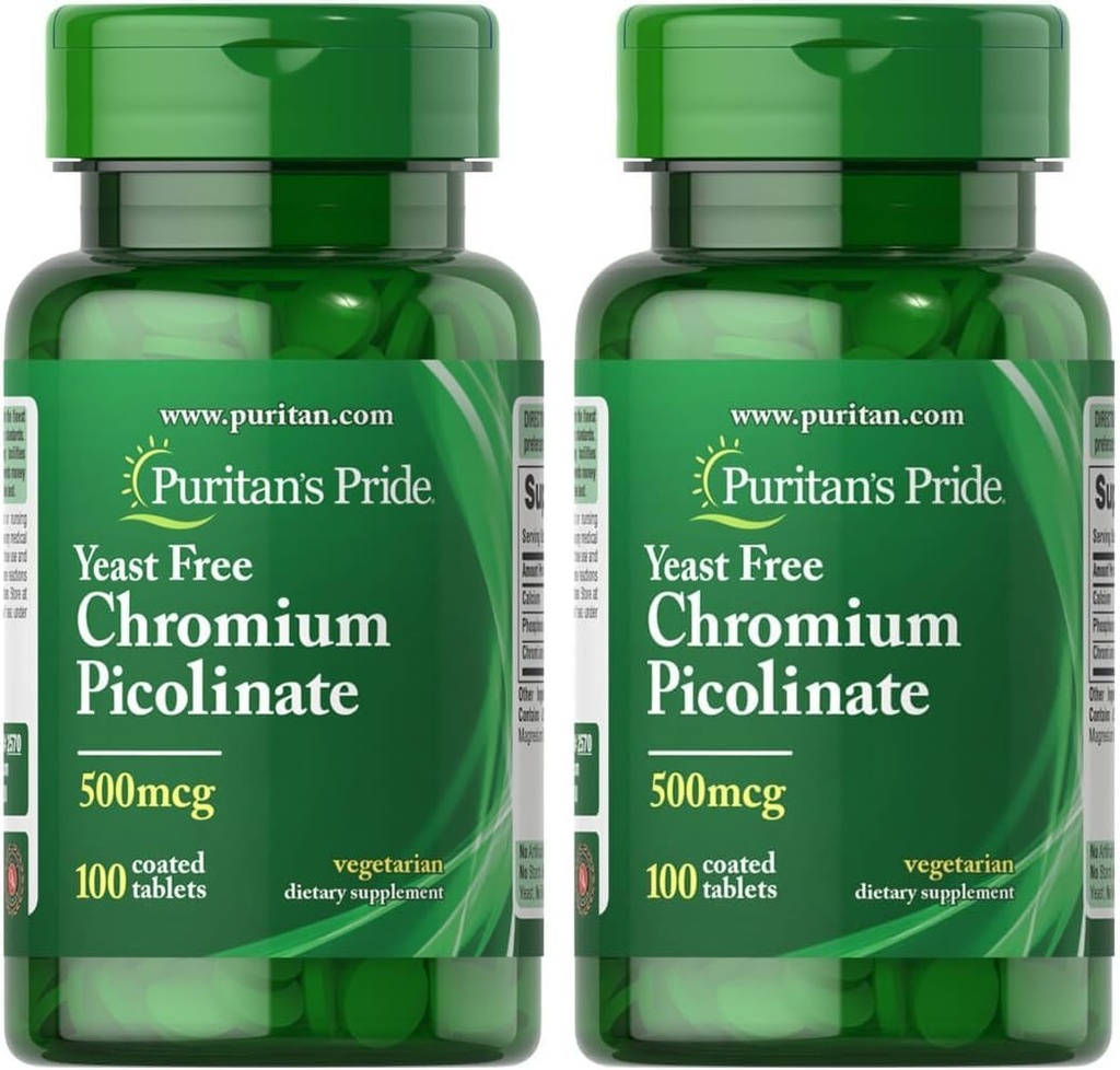 Puritan's Pride Chromium Picolinaat 500 Mcg Gist Vrij, 100 Telling (pakket van 2)