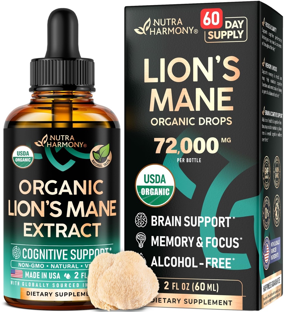 Lions Mane Liquid - USDA Certified Organic Lions Mane Supplement - Brain Support, Energy, Memory & Focus - Sugar & Alcohol-Free Lion's Mane Mushroom Extract 72.000 mg / Bottle, 2 Fl OZ, 2 maand supply