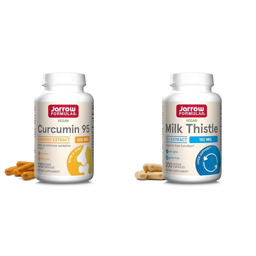 Jarrow Formules Curcumin 95 500mg - Tot 120 porties (Veggie Caps) & Milk Thistle 150 mg met 30:1 Gestandaardiseerde Silymarin Extract