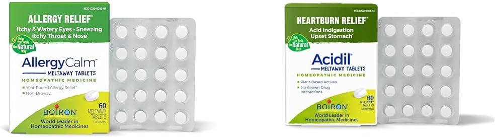 Boiron Allergie en Acid Reflux Relief Bundel met AllergieCalm tabletten (60 telling) en Acidil voor Acid Reflux en Indigestie (60 telling)