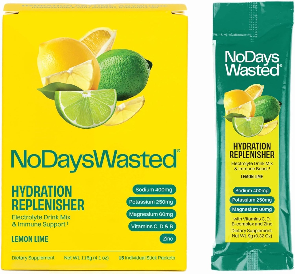 No Days Wasted Hydration Replenisher 15 Telling - Electrolyte Powder Drink Mix - Lemon Lime - Natrium en Kalium voor het rehydrateren van Plus Vitaminen voor ondersteuning (15 Tellen)