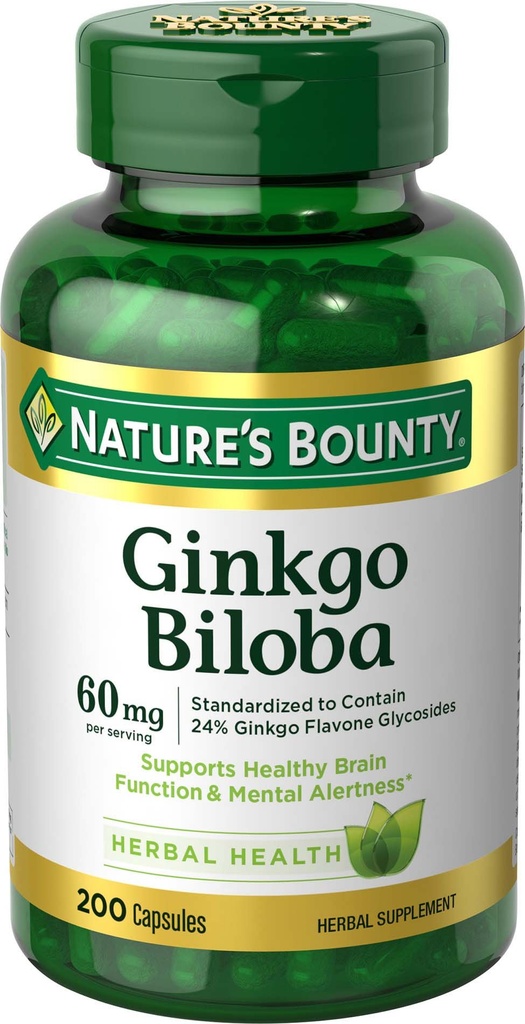 Nature's Bounty Ginkgo Biloba, ondersteunt gezonde hersenfunctie, kruidensupplement, 60 Mg, 200 capsules