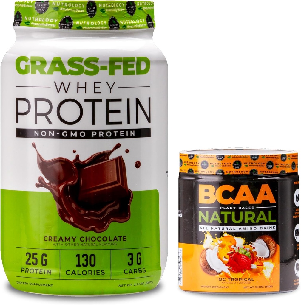 Nutrologie Grass Fed Wei Proteïne Poeder, Romige Chocolade Smaak (28 Servings) BCAA Natural, Plant Based BCAA Powder, Orange Coconut Flavor (30 Servers)