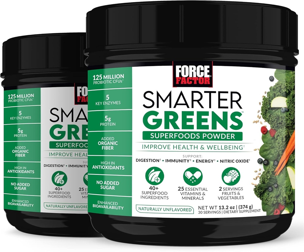 FORCE FACTOR Slimmere Groenen Superfoods Poeder, 2-pack, Ondersteunt spijsvertering en opgeblazen, Immuniteit, en energie, Groenen Poeder met Probiotica, Digestieve Enzymen, Antioxidanten en Vezel, 60 Serven