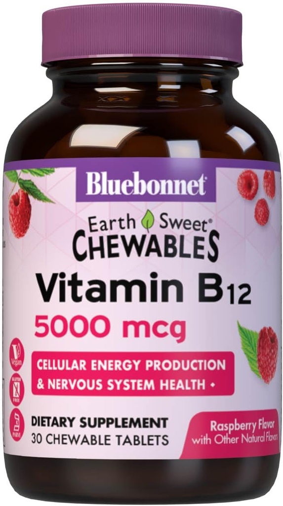 Bluebonnet Voeding Aarde Zoet Vitamine B12 5000 mcg Kauwtabletten, Sojavrij, Glutenvrij, Kosjer Gecertificeerd, Dairy-Free, Veganistisch, Raspberry Flavored, 30 Kauwtabletten, 30 porties