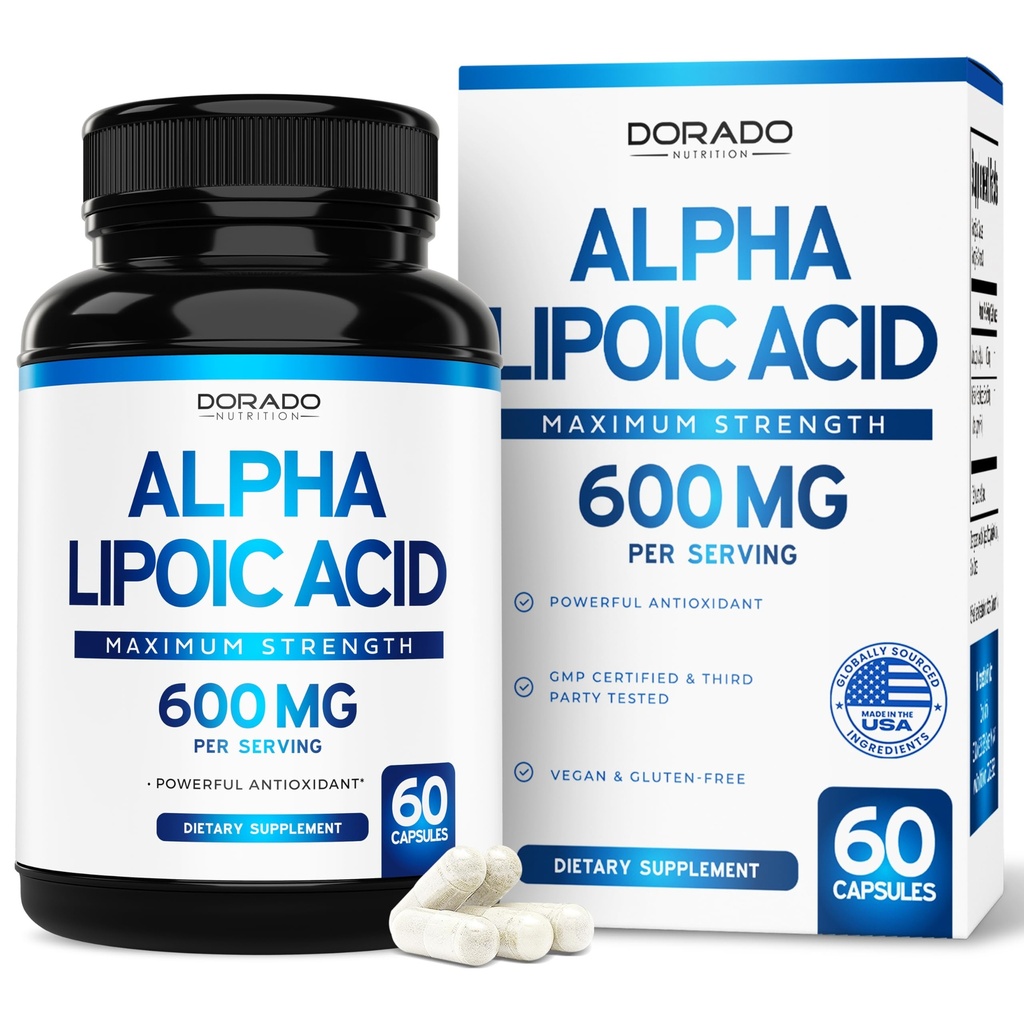 Alpha Lipoïnezuur 600 mg per Serving 60 Capsules - Krachtig Antioxidant voor Neuropathie en Cardiovasculaire Gezondheid (ALA Supplement) - Derde Geteste, Niet-GMO, Glutenvrij, Veganistisch & USA Made