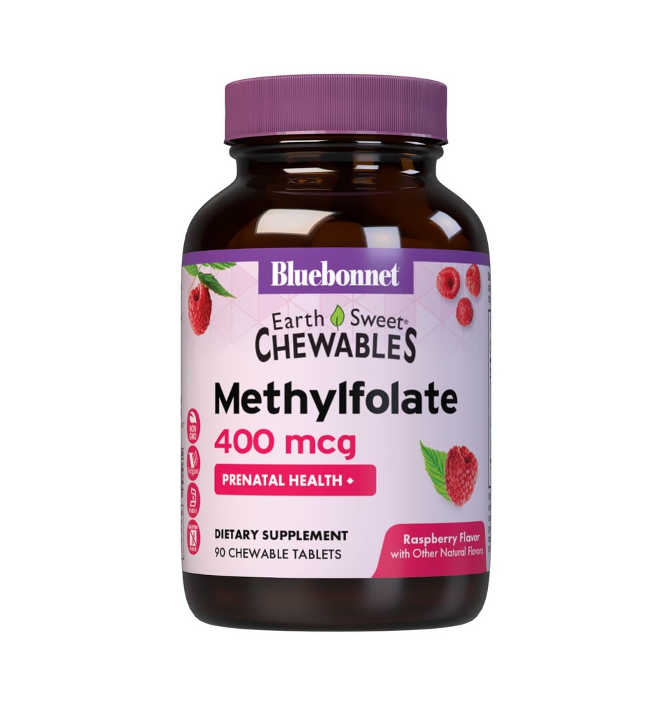 Bluebonnet EarthSweet Methylfolaat 400 mcg Cellular Active Coenzyme 5-MTHF L Methylfolaatsupplement - Prenatale en energieondersteuning* - Non-GMO, Veganistisch, Glutenvrij - Raspberry - 90 Kauwtabletten