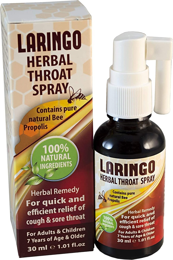 Laringo Throat Spray - Bevat Pure 99% Raw Bee Propolis Extract - 100% Natural Throat Remedy voor volwassenen en kinderen - Glutenvrij, snelle verlichting. Kosher - 1 FL Oz