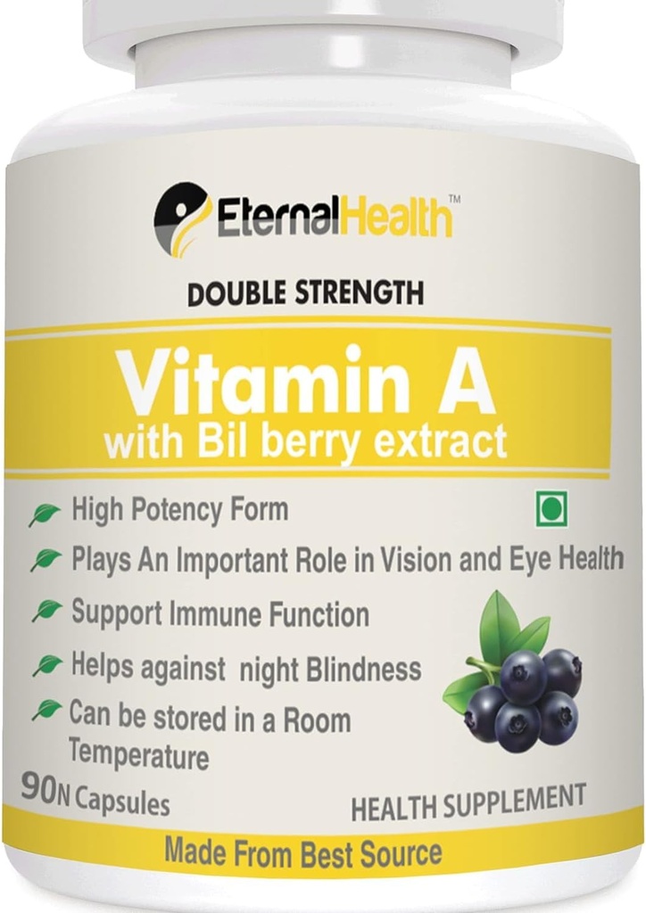 Eterna.l-Health Vitamine A (dubbele sterkte) met bosbessenextracten en Retinyl Palmitate Extracten- Hoge Potentievorm - Ondersteunt gezond zicht en immuunsysteem en gezonde groei Capsules 90 Veg