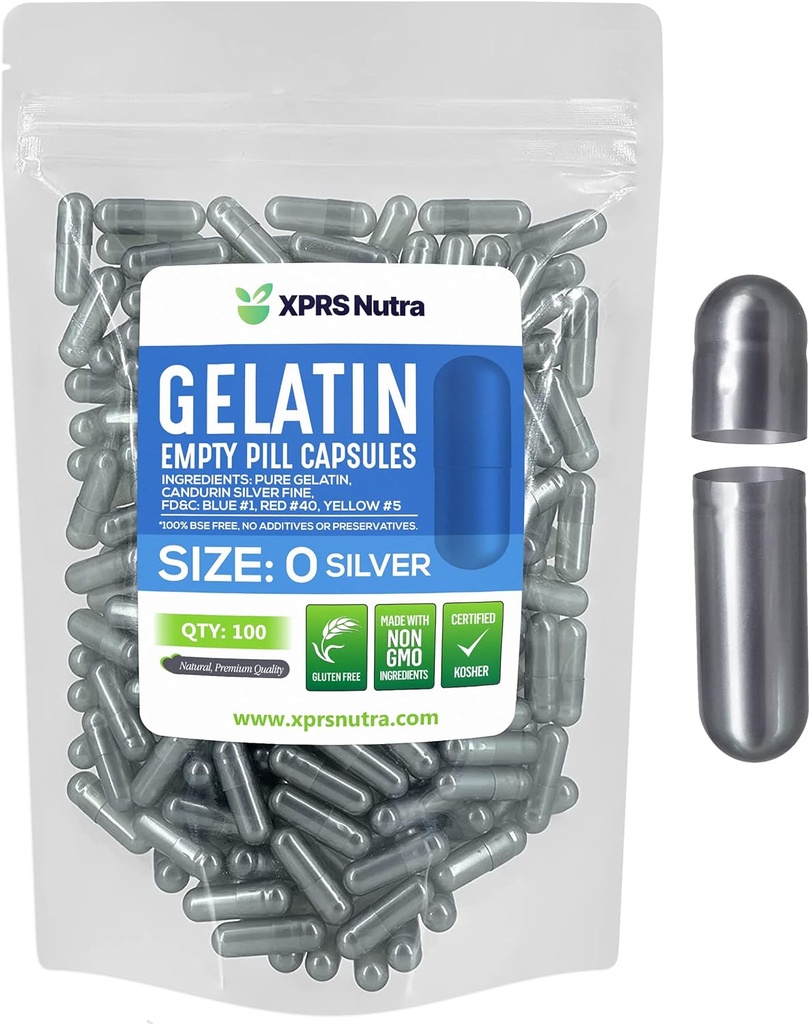 XPRS Nutra Size 0 Empty Capsules - 100 Count Empty Gelatin Capsules - Pills DIY Capsule Filling - Pure Bovine Pill Gel Caps for Do-It-Yourself Supplements (Silver)