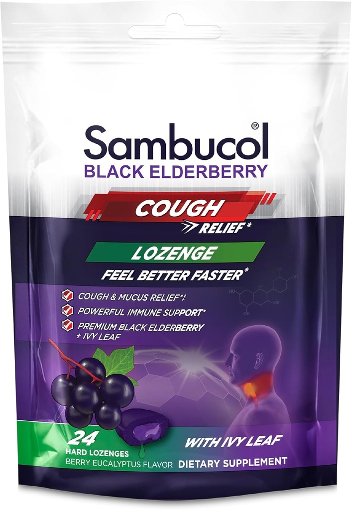 Sambucol Black Elderberry Cough Relief Lozenges - Cough Drops voor volwassenen, Sambucus Elderberry Lozenges, met Ivy Leaf, Cough & Mucus Relief, Immune Support, Berry Eucalyptus - 24 Tellen, 1 Pack