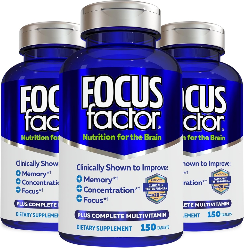 Focus Factor Nutrition for The Brain, Improved Memory & Concentration Brain Supplement, Complete Multivitamine with Vitamins B6, B12, D, Bacopa Monnieri & Tyrosine, 150 Count (Pack of 3)