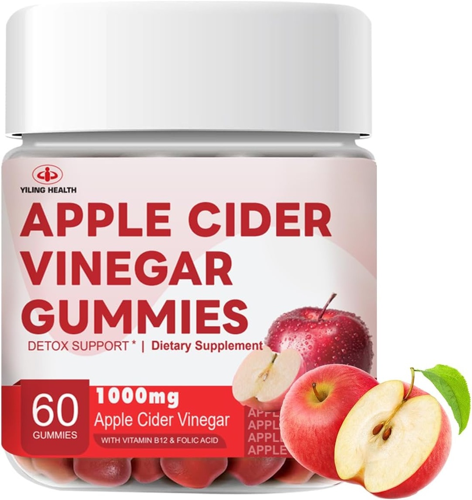 YiLing Verbeterde Sour-Sweet Smaak Apple Cider Vinegar Gummies - 1000mg - Geformuleerd om Immune Health Normale Energieniveaus & Gut Health- Apple Flavor Gummies Verrijkt B12 / B6 / Rode bieten