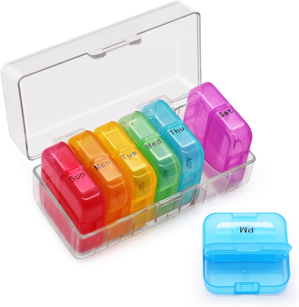 GREENCYCLE Weekly pil Organizer 7 Dag 2 keer per dag, AM Portable Travel Dagelijkse Compartments Pillen koffers voor pillen Vitamine Visolie Supplementen, BPA Gratis pil Box, Makkelijk te reinigen