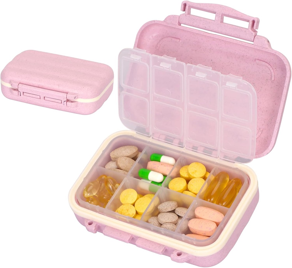 NatureTouch Pill Organizer Weekly, 8 Compartments Food Grade Materiaal Travel Pill Box met BPA Gratis voor Geneeskunde, Supplement, Vitamine, Visolie, Roze