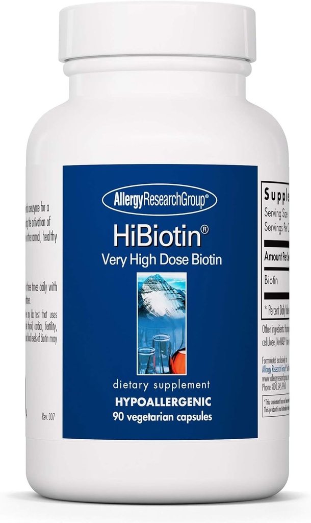 Allergie Research Group HiBiotine Supplement - Extra sterkte Biotine Pillen, Vegetarische Capsules, Hypoallergeen, Glutenvrij - 90 Tel.