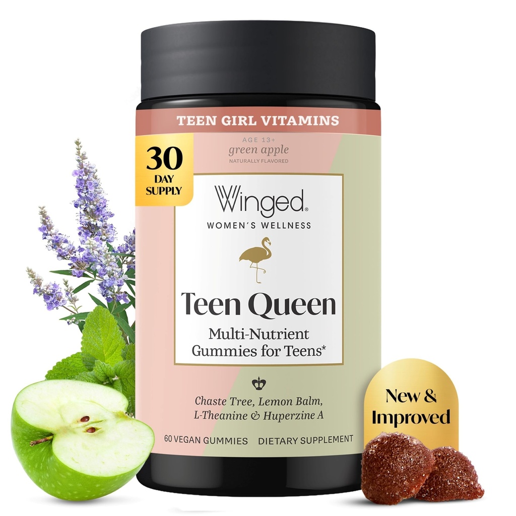 Winged Wellness Multivitamine Gummies for Teen Girls - Teen Vitamines for Mood & Hormonal Health - Vegan Gummy Supplement with Chaste Tree, Lemon Balm, L-Theanine, Probiotics & Biotin - 50 Gummies