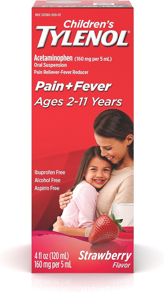 Kinderen Tylenol Orale suspensie Geneeskunde, Liquid Medicine Pijn Reliever & koorts Reducer voor koude + griepsymptomen, Aspirine-, Ibuprofen- & Alcohol- Vrij, Aardbei, 4 fl. oz
