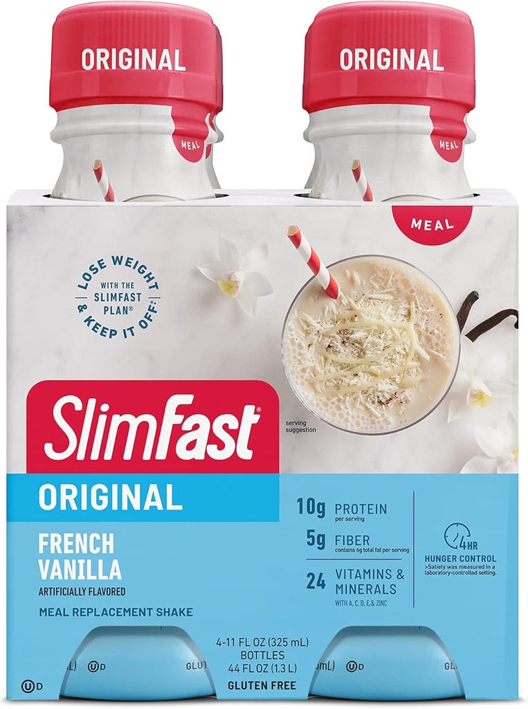SlimFast Meal Replacement Shake, Original French Vanilla, 10g Ready to Drink Proteine for Weight Loss, 11 Fl. Oz Bottle, 4 Telling (Verpakking mei Vary)