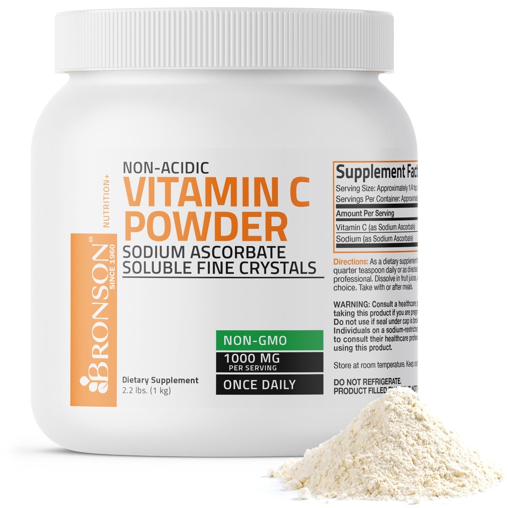 Bronson Non Acidic Vitamine C Powder Natrium Ascorbaat Niet GGO Oplosbare fijne kristallen - Gezond immuunsysteem, antioxidant en celbescherming, 1 Kilogram (2,3 lbs, 35,3 ounces)
