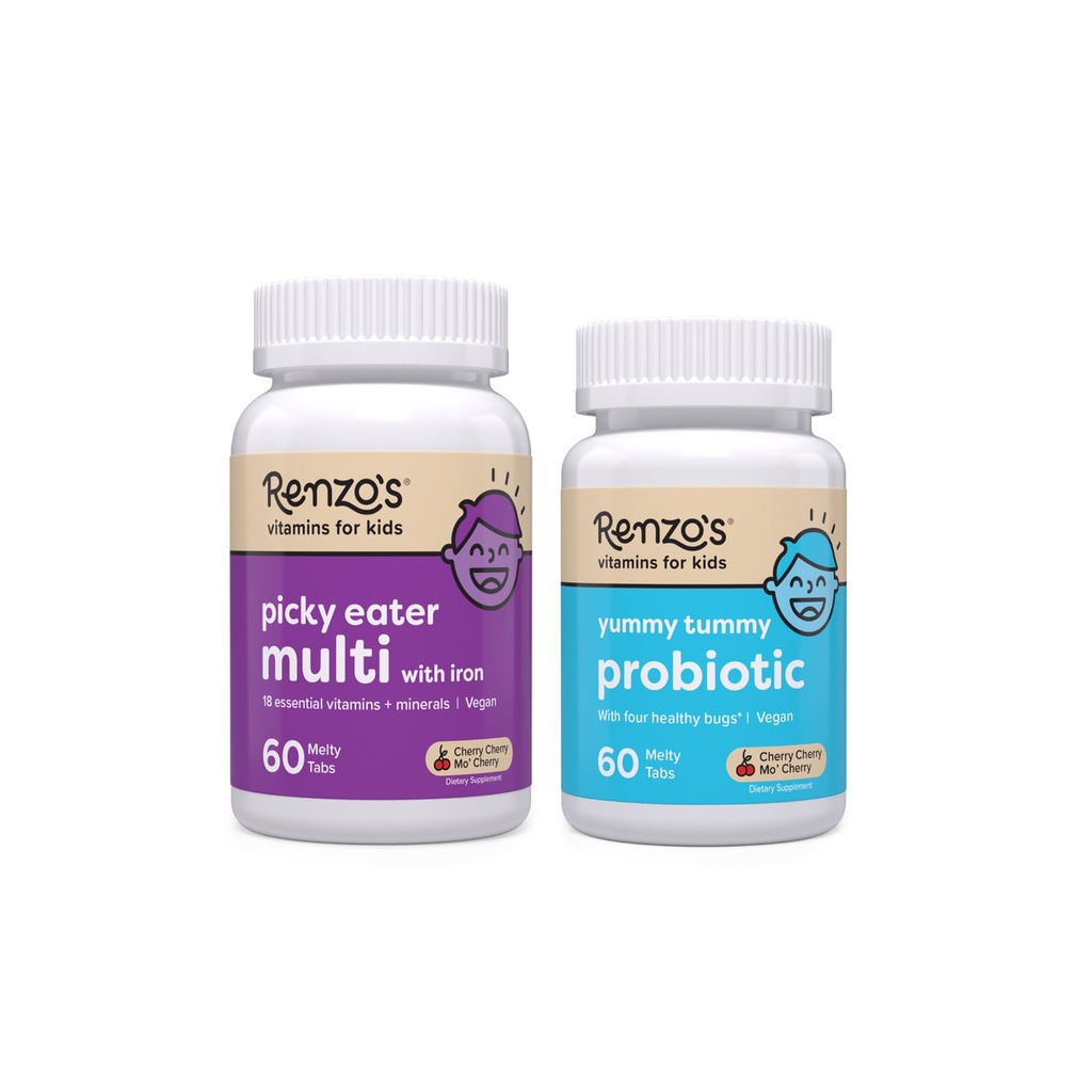 Renzo's Vitaminen Gelukkige Tummies Bundle, Probiotica voor kinderen en Picky Eater Kids Multivitamine